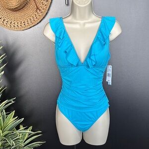 Into The Bleu V-neck ruffle, drape waist,keyhole tie back knot, one piece swim